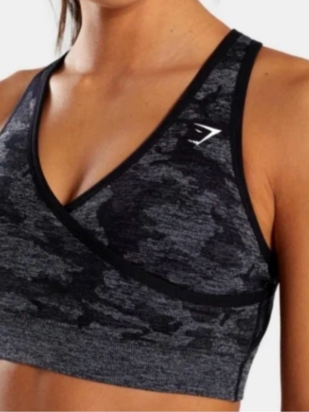 Gymshark Black Charcoal Camo Cross-Back Sports Bra